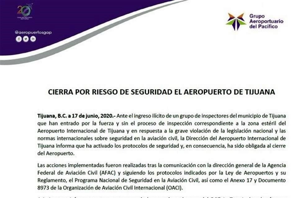 El Grupo Aeroportuario del Pacífico lamentó las afectaciones.