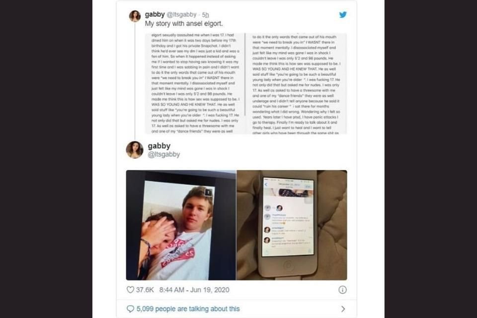 La acusante publicó en Twitter su declaración y un par de fotos de momentos que presuntamente vivió con Elgort para reforzar su texto.