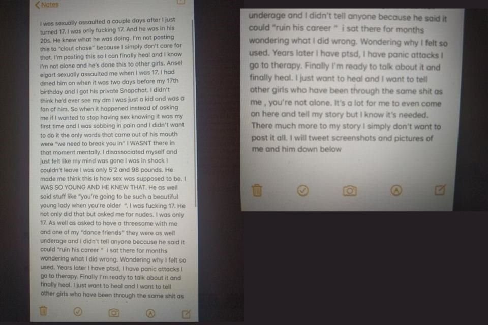 En sus textos, Gabby contó que Ansel Elgort la agredió sexualmente tras haberse encontrado con ella a días de que cumpliera 17 años.