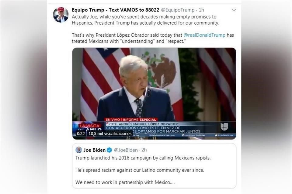 Equipo de campaña de Trump usó en redes video donde López Obrador agradece 'comprensión y respeto' a Presidente de EU.