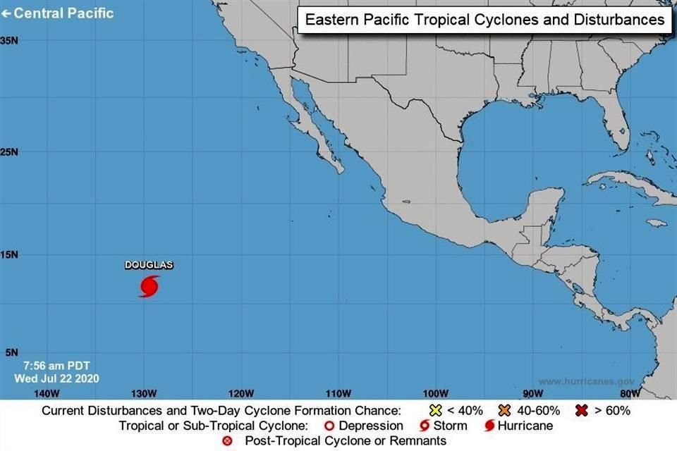 Douglas está a unos 2 mil 870 kilómetros al este-sudeste de Hilo, Hawai con vientos máximos sostenidos de 120 kilómetros por hora.