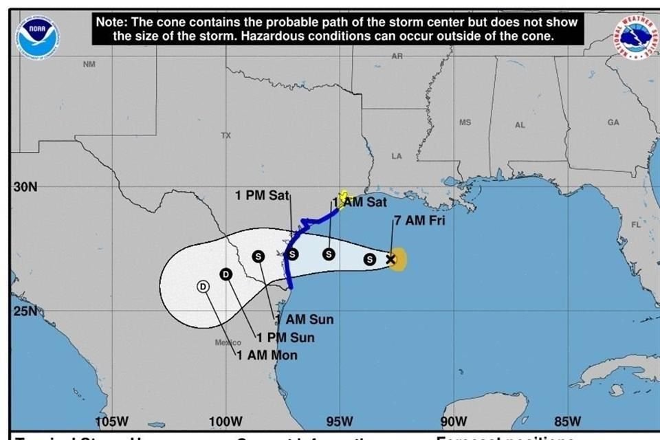 Fotografía cedida este viernes del NHC muestra el pronóstico de 5 días del paso de la tormenta tropical Hanna por el golfo de México y su entrada por Texas al territorio estadounidense.