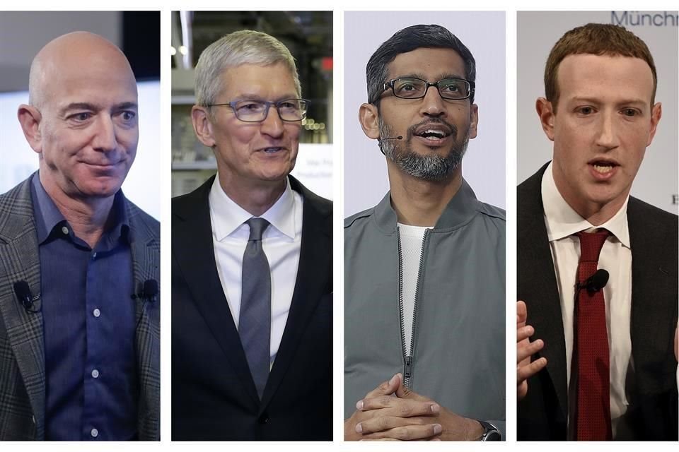 (De izq. a der.) Jeff Bezos, Tim Cook, Sundar Pichai y Mark Zuckerberg, presidente ejecutivos de Amazon, Apple, Google y Facebook.