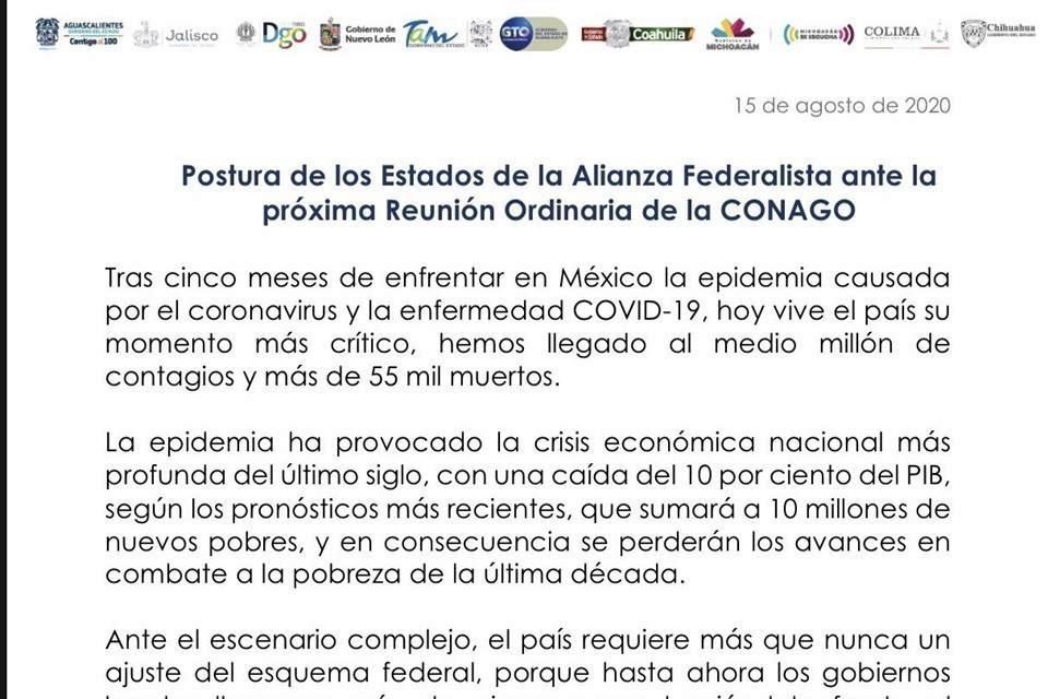 Gobiernos que conforman la Alianza Federalista consideran urgente y necesario que sean abordados 4 puntos en la reunión ordinaria de la Conago a la que acudirá el Presidente López Obrador.