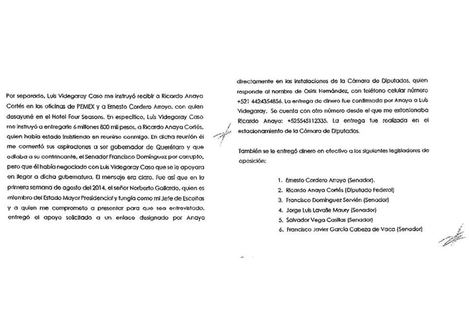 Lozoya afirmó que entregó dinero a los ahora ex senadores Ernesto Cordero, Francisco Domínguez, Jorge Luis Lavalle y Francisco García Cabeza de Vaca, así como a Ricardo Anaya.