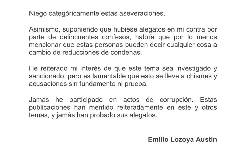 Ante los testimonios en Brasil que lo involucraban en presuntos sobornos por parte de la empresa Odebrecht, Lozoya Austin negó en agosto de 2017 haber participado en actos de corrupción.