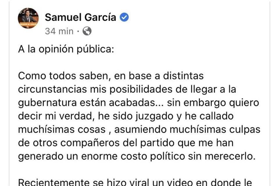 En su cuenta personal de Facebook apareció mensaje donde Samuel García anunció su renuncia al partido Movimiento Ciudadano.