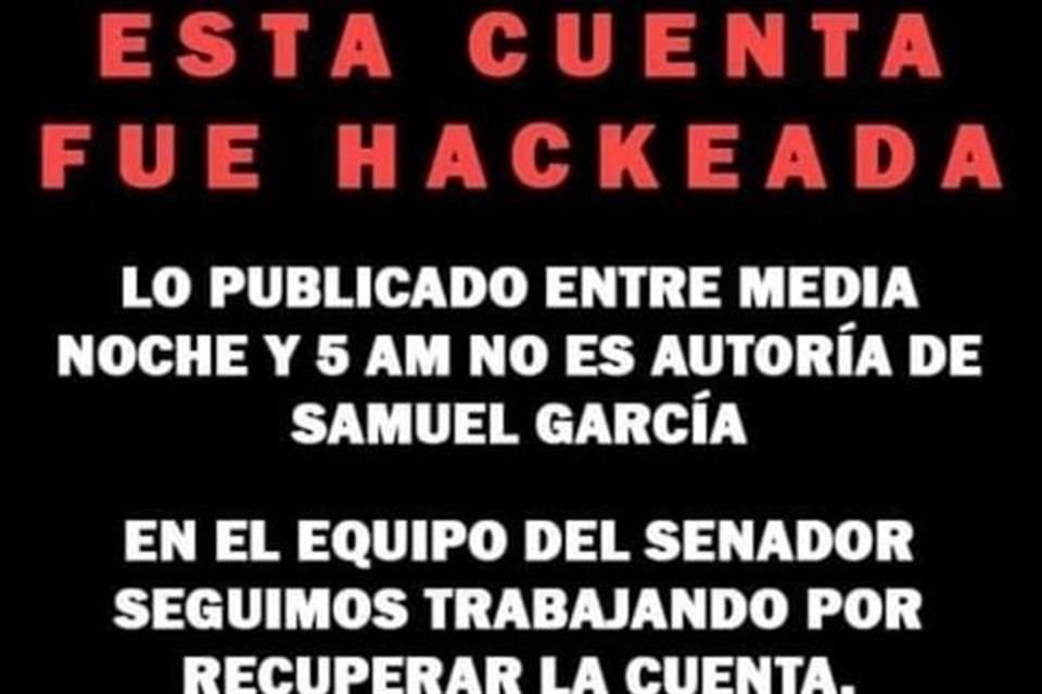 En un mensaje en Facebook, equipo de Samuel García dijo que cuenta del senador fue hackeada luego de anunciar renuncia a MC en publicación.