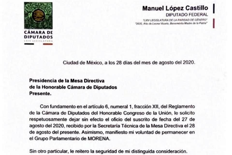 Carta que el diputado López Castillo remitió a la Presidencia de la Mesa Directiva de San Lázaro.