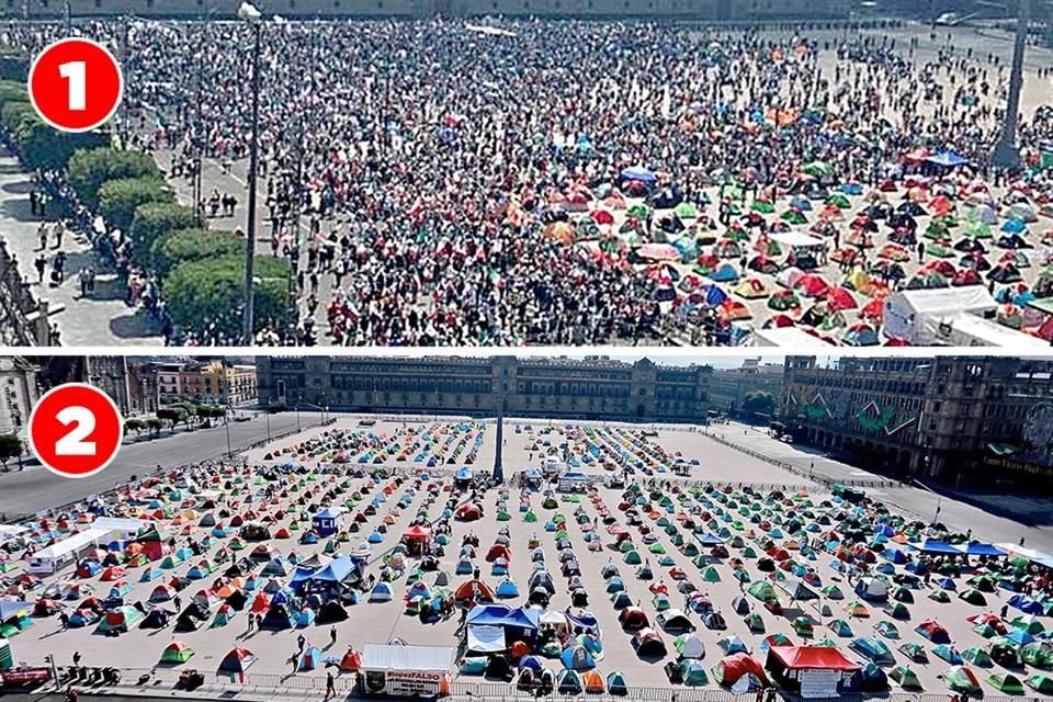 Ingreso de manifestantes al Zócalo (1) y regreso de plantón a la normalidad, con más carpas que manifestantes.