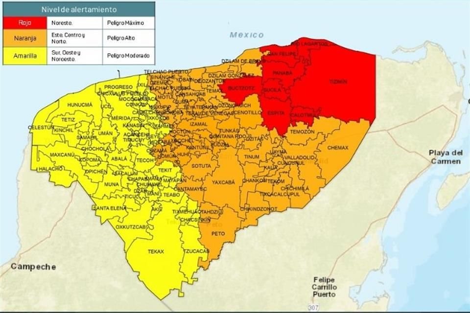 Los municipios con esta alerta máxima por el fenómeno meteorológico son Tizimín, Río Lagartos, San Felipe, Panabá, Sucilá, Buctzotz, Espita y Calotmul.