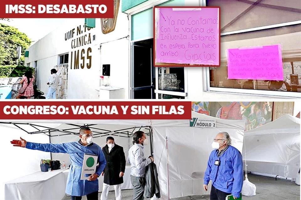 CONTRASTE. Mientras que en una clínica del IMSS en Mérida, Yucatán, se advierte a los usuarios que ya no hay vacuna contra la influenza, en San Lázaro los diputados tienen acceso a un módulo especial.