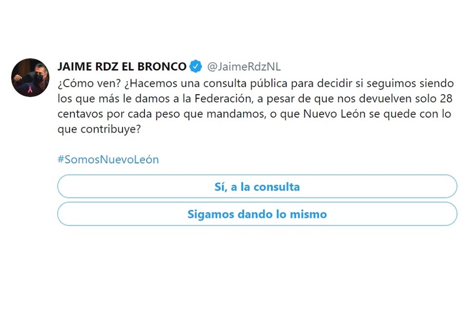 A través de Twitter, el Mandatario estatal realizó una publicación para preguntar a los ciudadanos si estarían de acuerdo con la realización de la consulta.