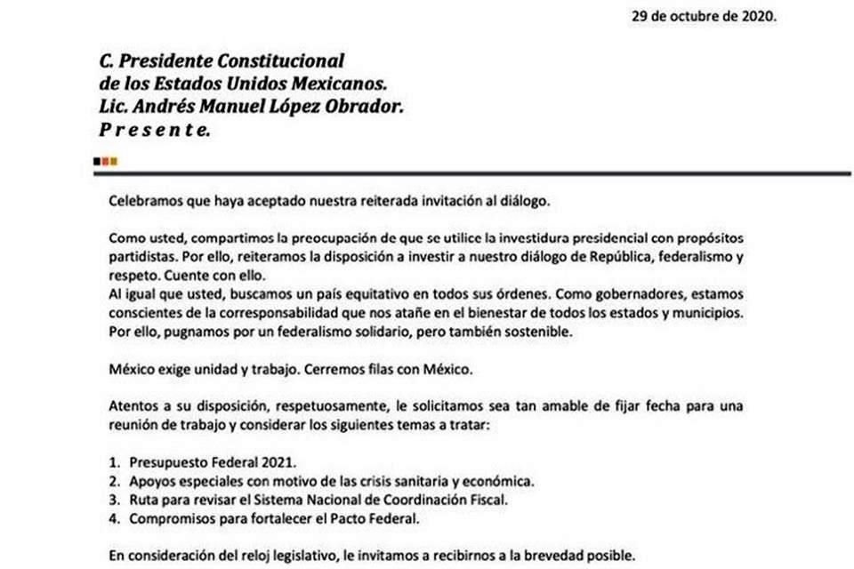 En el documento, los integrantes de ese grupo consideraron que el País exige unidad, trabajo y cierre de filas.