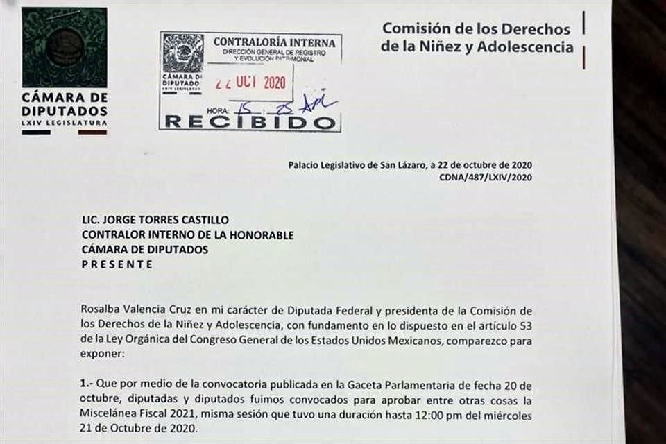 Oficio entregado por la morenista Rosalba Valencia Cruz a la Contraloría Interna de la Cámara baja.