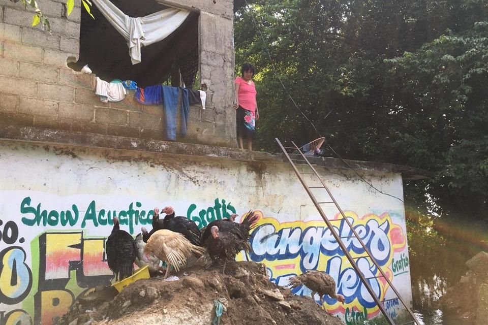 La población en este lugar vive afuera de sus casas, sobre la carretera, y el agua tiene ya más de una semana adentro de las casas.