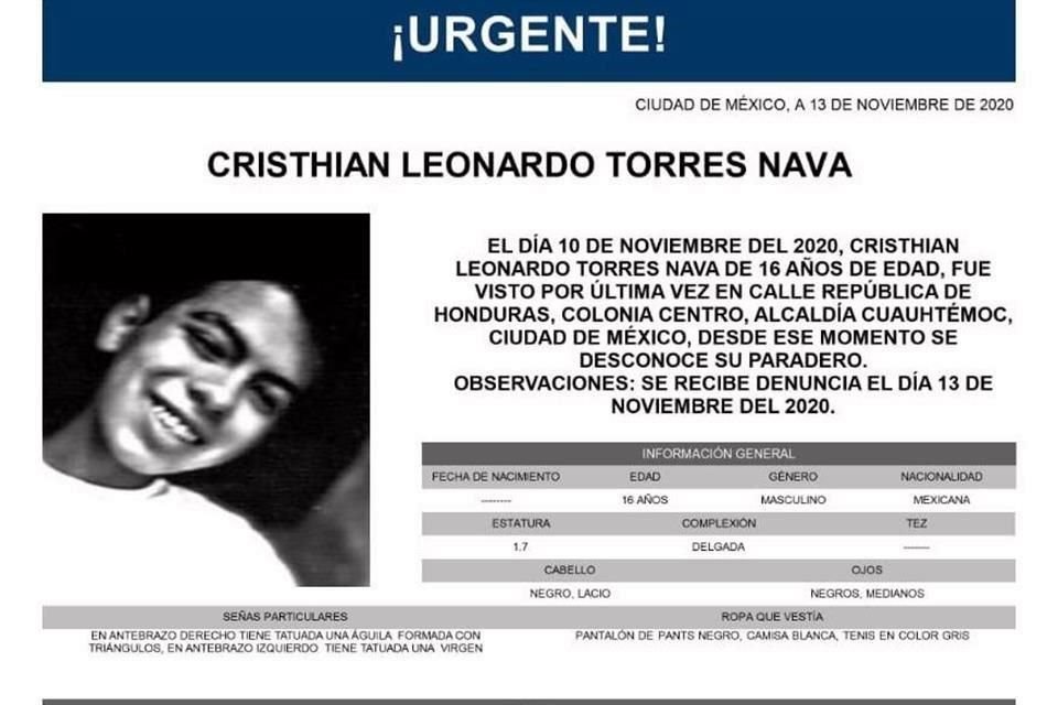 El menor de 16 años había sido reportado como desaparecido el 10 de noviembre.