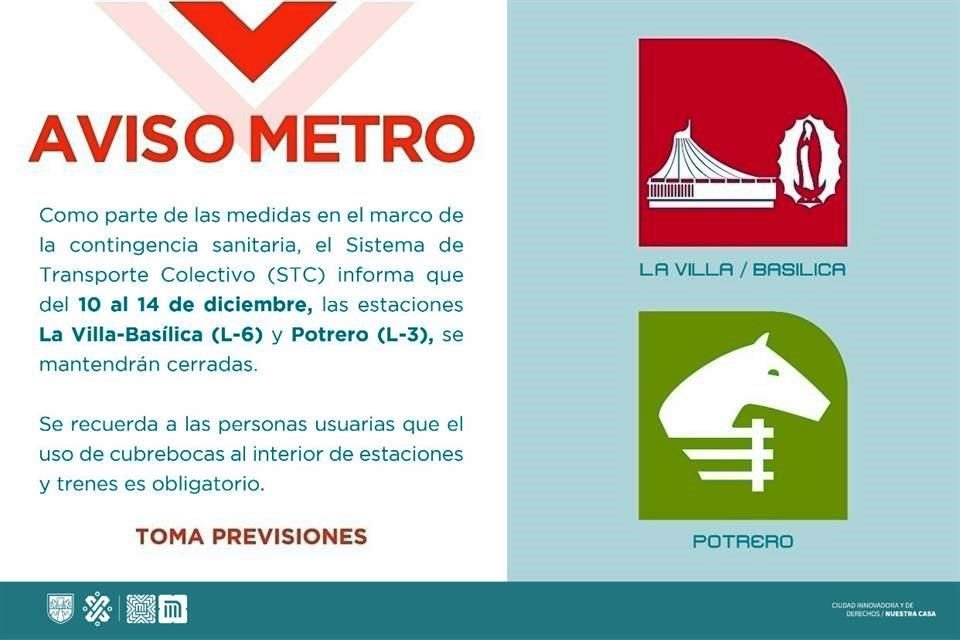 Las estaciones La Villa-Basílica, de Línea 6, y Potrero, de Línea 3, permanecerán cerradas del 10 al 14 de diciembre. Toma previsiones.