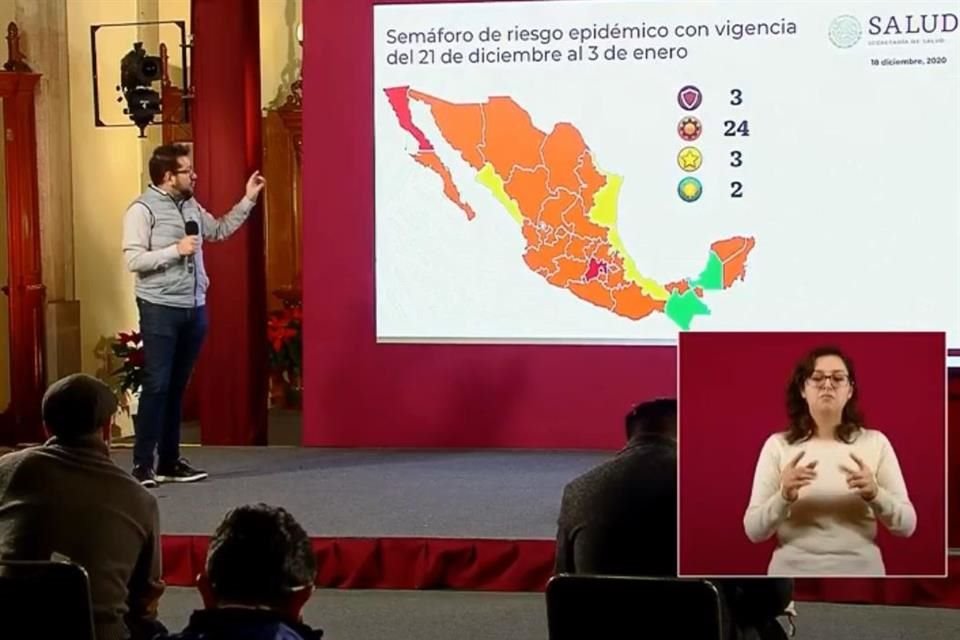 Al actualizar el semáforo epidemiológico, Ssa ubicó a BC, Edomex y CDMX en rojo, a 24 entidades en naranja, 3 en amarillo y 2 en verde.