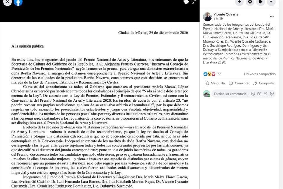 En la carta, firmada por Vicente Quirarte, Malva Flores, Evelina Gil Castillo, Luis Fernando Lara, entre otros, se señala que la distinción a Bertha Navarro transgrede la Ley de Premios.