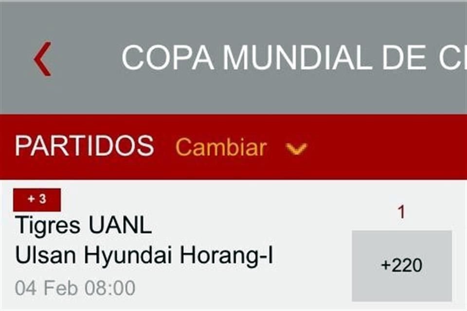 Por cada 100 pesos que una persona apueste por Tigres tendrá una ganancia de 220 pesos.