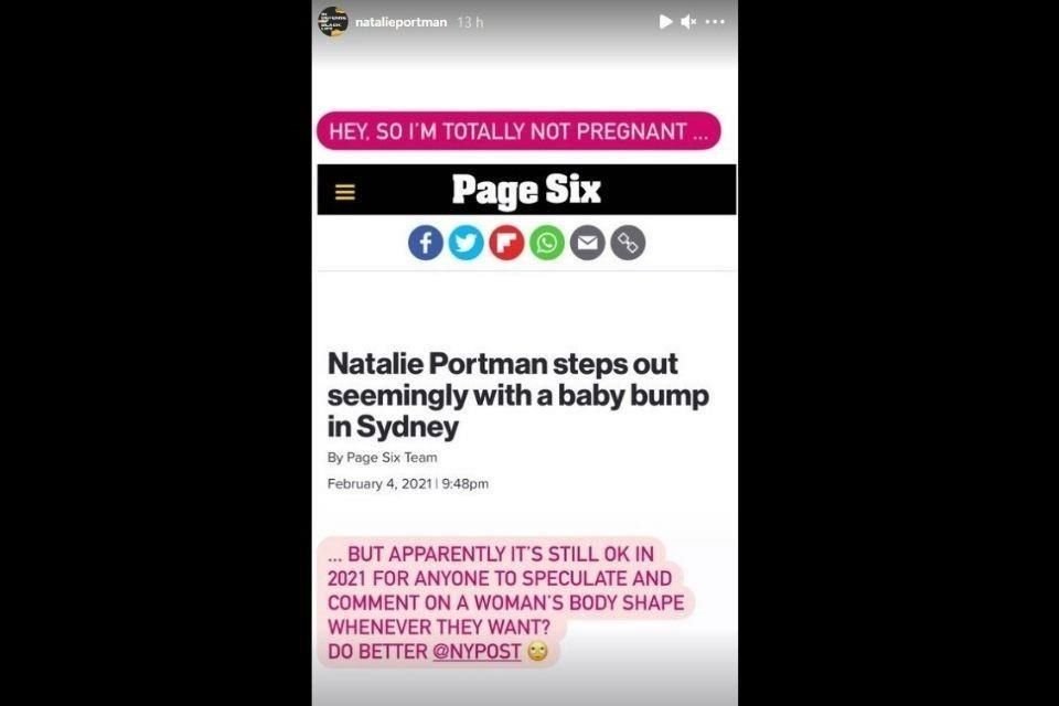 Con una publicación en Instagram, la actriz Natalie Portman aclaró que no está embarazada.