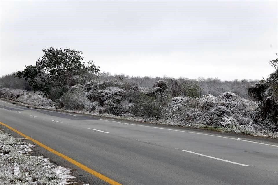 La Carretera Nacional, entre Montemorelos y Linares, se cubrió de blanco.