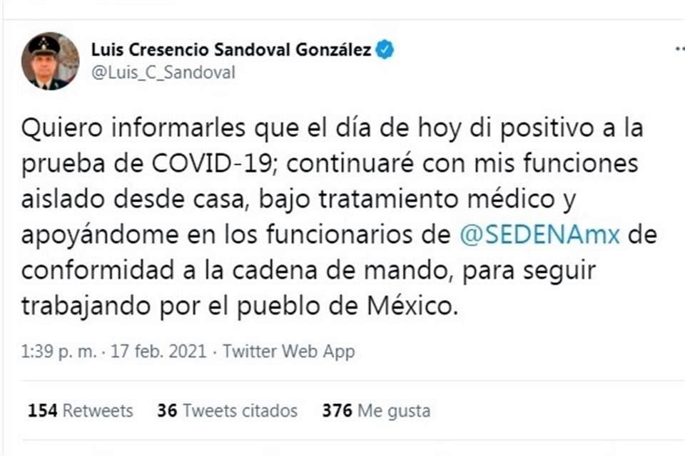 El Secretario de Defensa informó en Twitter que tiene Covid.