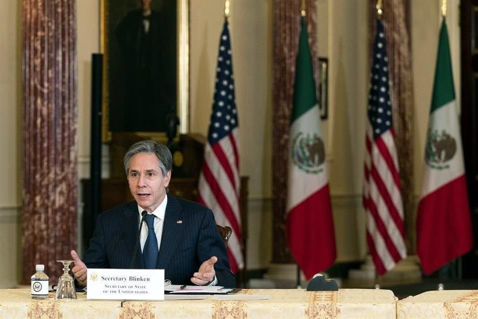 El Secretario de Estado, Antony Blinken, desde Washington, durante una reunión virtual con autoridades mexicanas.