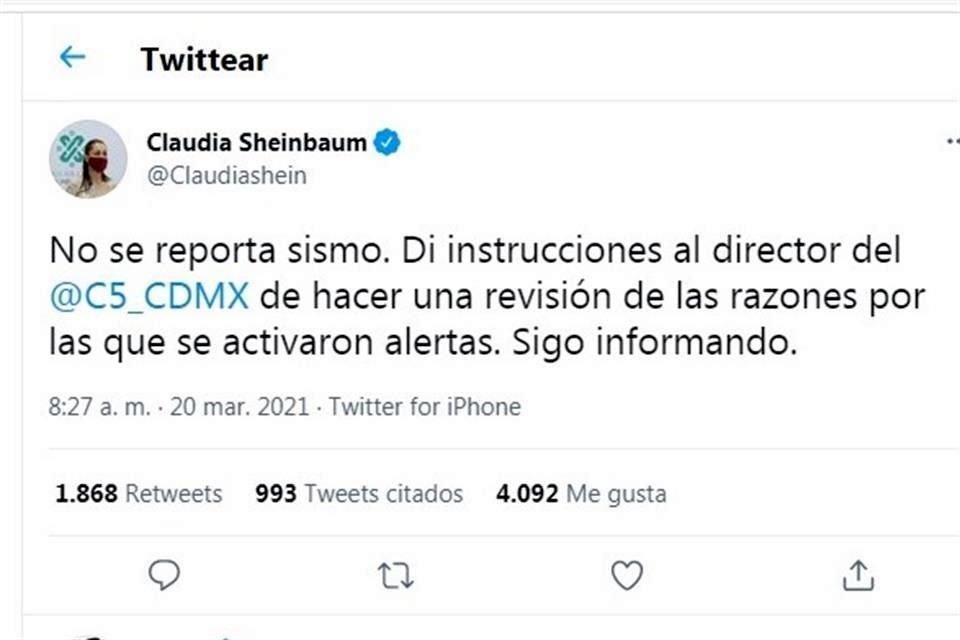 Sheinbaum informó que no se reportó ningún sismo.