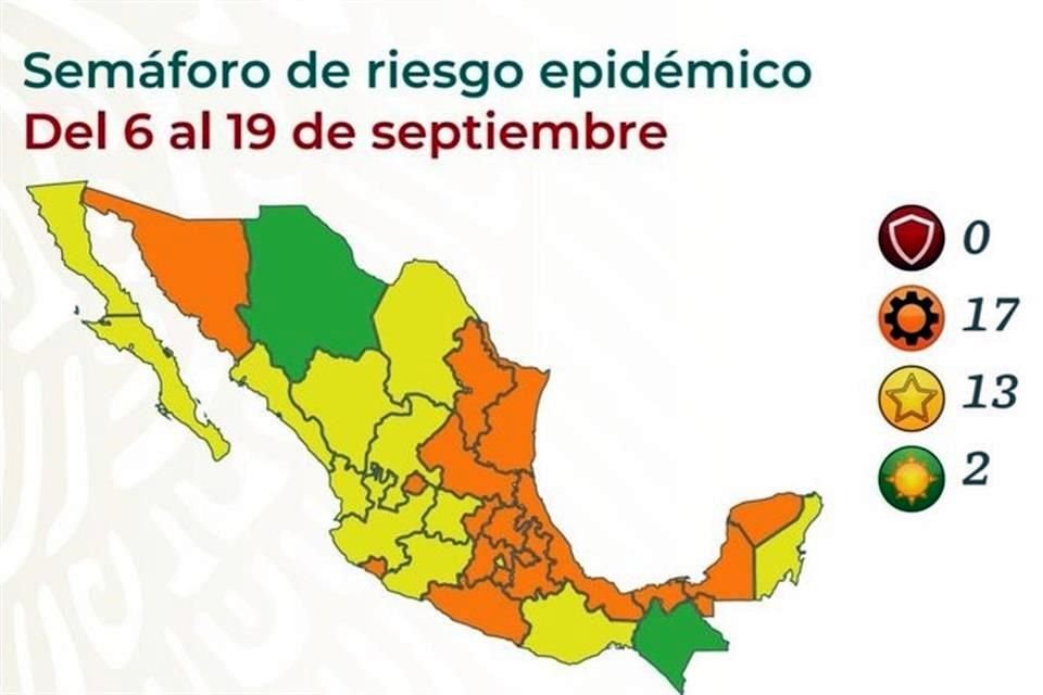 En actualización del semáforo, Ssa ubicó a 17 estados en naranja, 13 en amarillo, ninguno en rojo y sólo Chihuahua y Chiapas en verde.