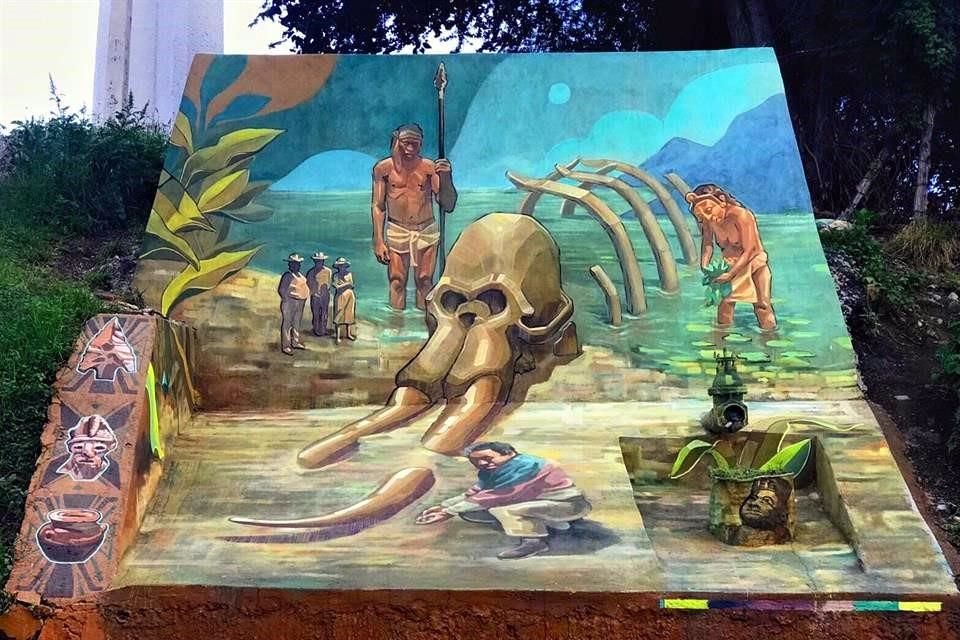 Con un mural, estudiantes de la UdeG recordaron el hallazgo de un ganfoterio de más de 27 años de antigüedad en el Lago de Chapala.