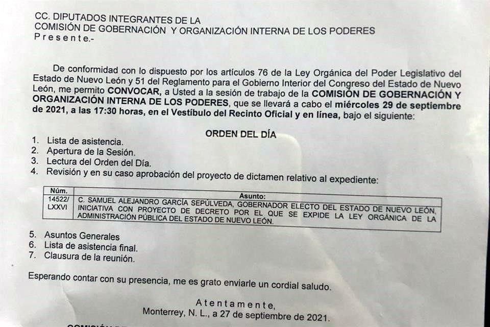 La iniciativa fue suscrita por el emecista Samuel García en calidad de Gobernador electo y es el único asunto enlistado en el orden del día.