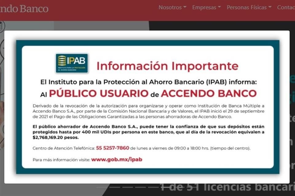 Anuncio de liquidación del IPAB en sitio de Accendo Banco.