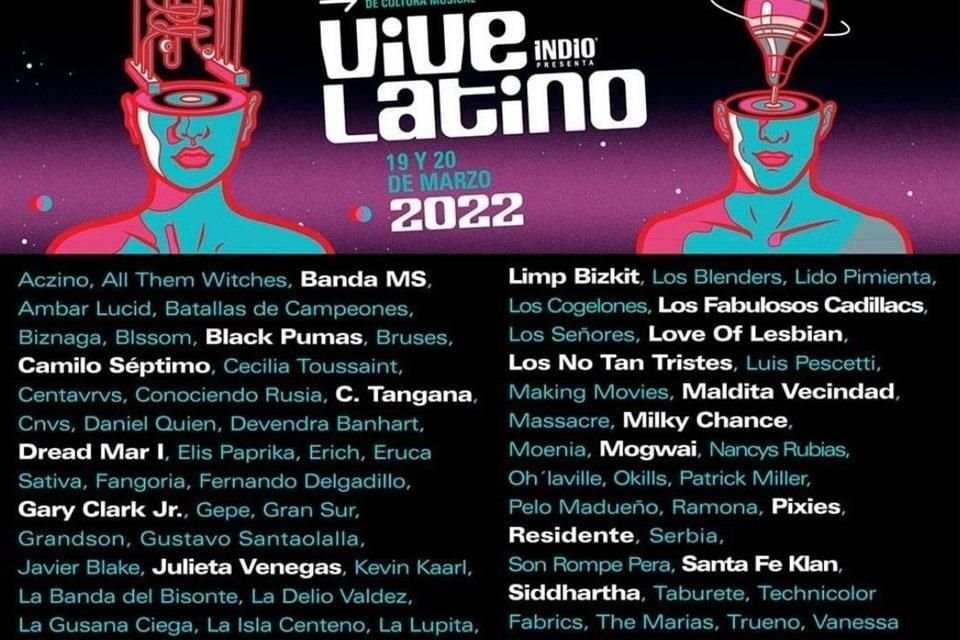 Pixies, Banda MS, Limp Bizkit y Los Fabulosos Cadillacs forman parte del cartel del Vive Latino 2022, a realizarse el 19 y 20 de marzo.