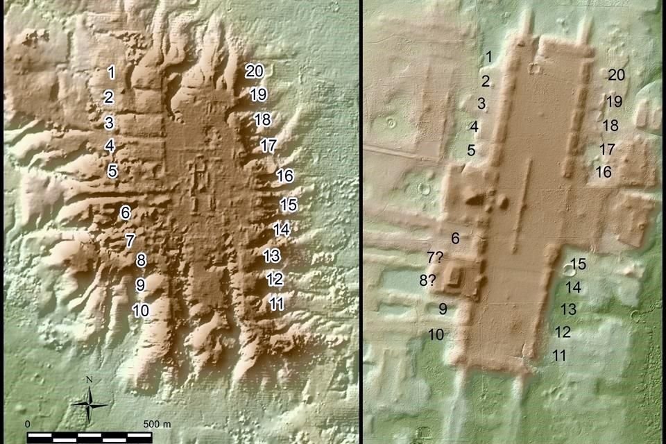 Imagen basada en tecnología lidar de San Lorenzo (izquierda) y Aguada Fénix (derecha) en la misma escala. Ambos tienen una plaza rectangular delimitada por 20 márgenes de plataformas.