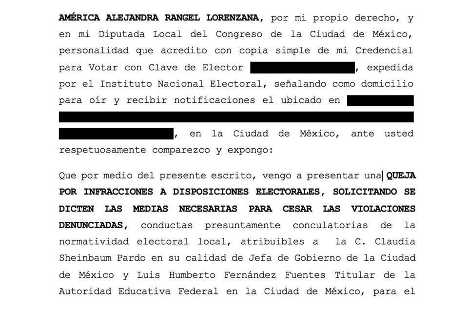 'Presenté una denuncia ante el @iecm contra @Claudiashein por violar el artículo 134 de la Constitución al autopromocionarse con recursos públicos a través de la #TarjetaClaudia', dijo América Rangel.