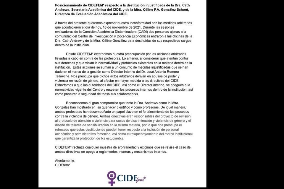 La colectiva feminista del CIDE, CIDEfem, exhortó a sus autoridades y al director interino revisar la destitución de una académica.