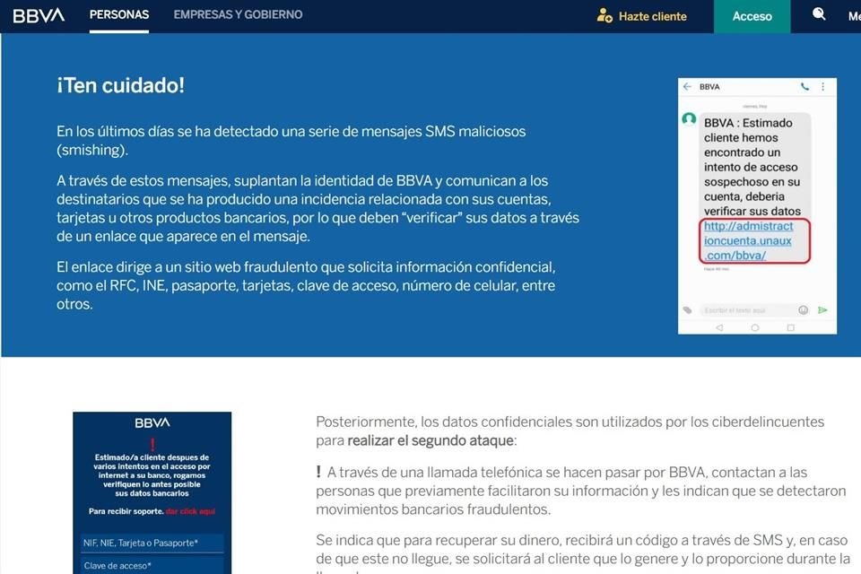 El enlace dirige a un sitio web fraudulento que solicita información confidencial.