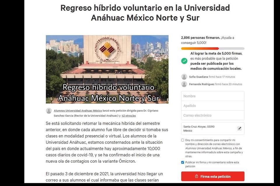 Alumnos de la Anáhuac piden a sus autoridades universitarias que el regreso a clases sea voluntario bajo el esquema híbrido.