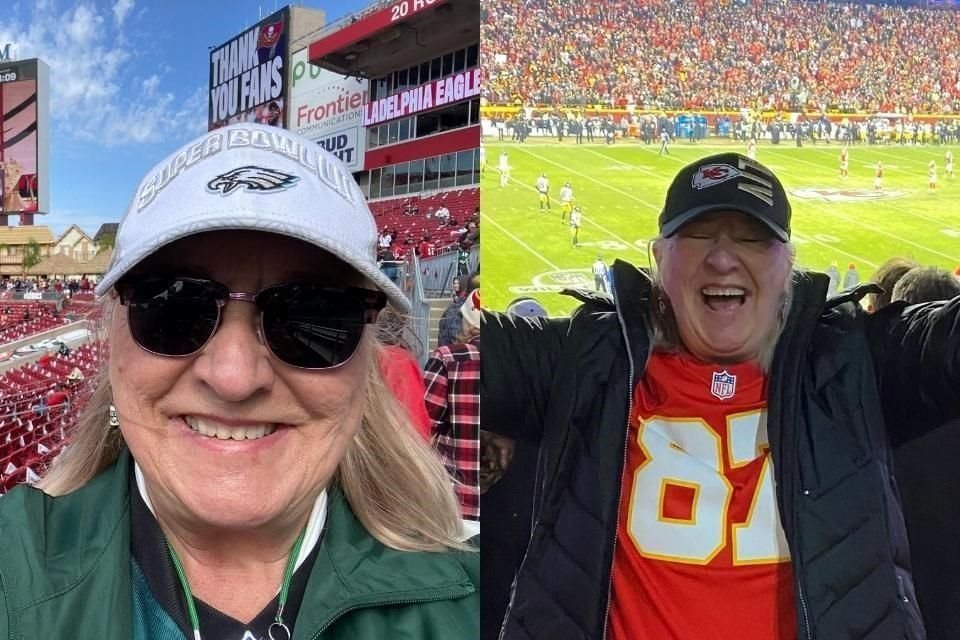 Donna Kelce, mamá de Jason Kelce, jugador de las Águilas de Filadelfia, y Travis Kelce, ala cerrada de los Jefes de Kansas City, viajó para estar en los juegos de sus dos hijos en el mismo día.