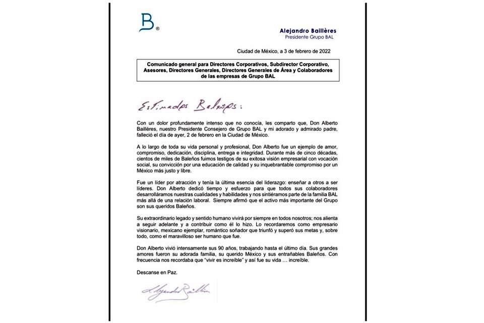 El empresario, ganadero y magnate Alberto Baillères falleció el miércoles 2 de febrero de 2022, aunque fue hasta ayer 3 de febrero cuando sus familiares lo dieron a conocer.