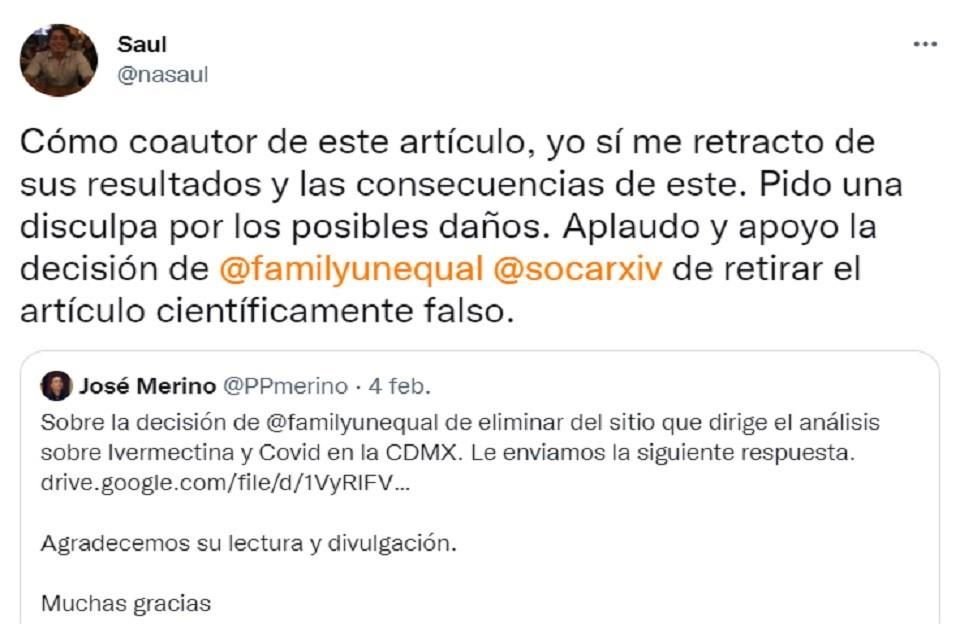 'Como coautor de este artículo, yo sí me retracto de sus resultados y las consecuencias de este. Pido una disculpa por los posibles daños', escribió Saúl Caballero.