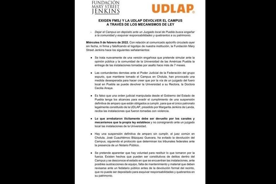 La UDLAP y la Fundación Mary Street Jenkins exigen la devolución de su campus mediante los mecanismos legales correspondientes.