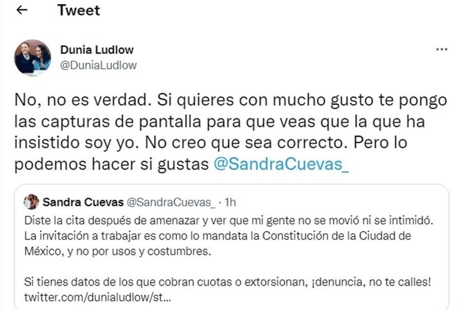 Un enfrentamiento en redes sociales se produjo entre la Subsecretaria de Reordenamiento de la Vía Pública, Dunia Ludlow, y la Alcaldesa en Cuauhtémoc, Sandra Cuevas.