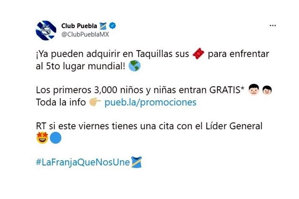 Esta es la publicación que realizó la gente del cuadro poblano para promocional el duelo ante los Rayados.