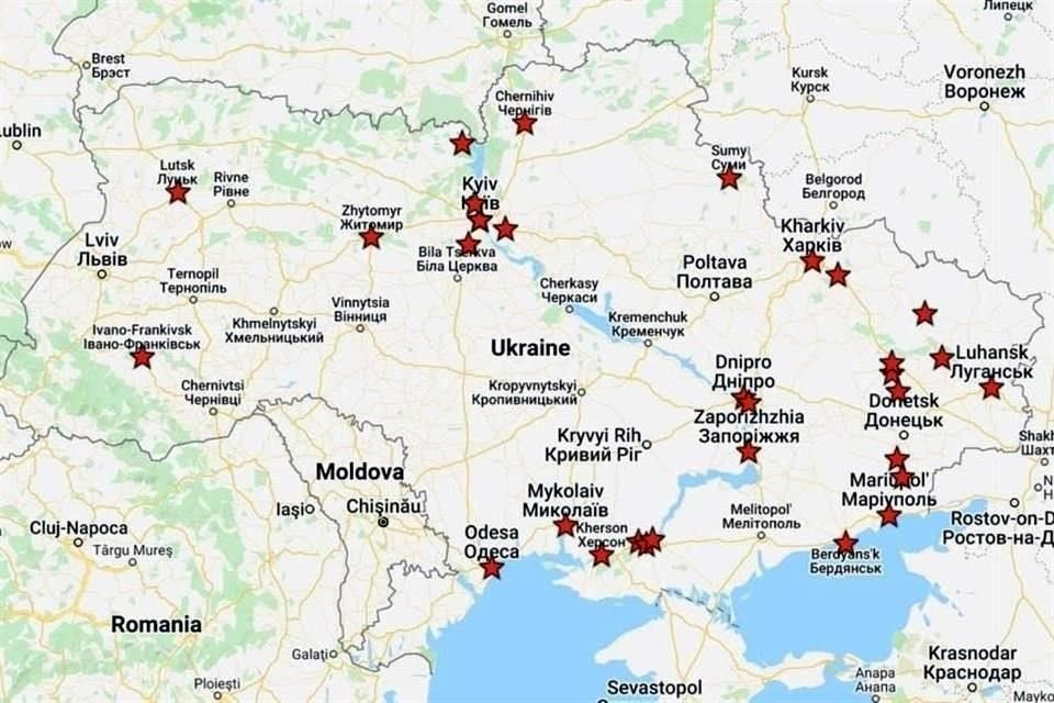 Mapa de los presuntos puntos de ataque de Rusia en Ucrania.