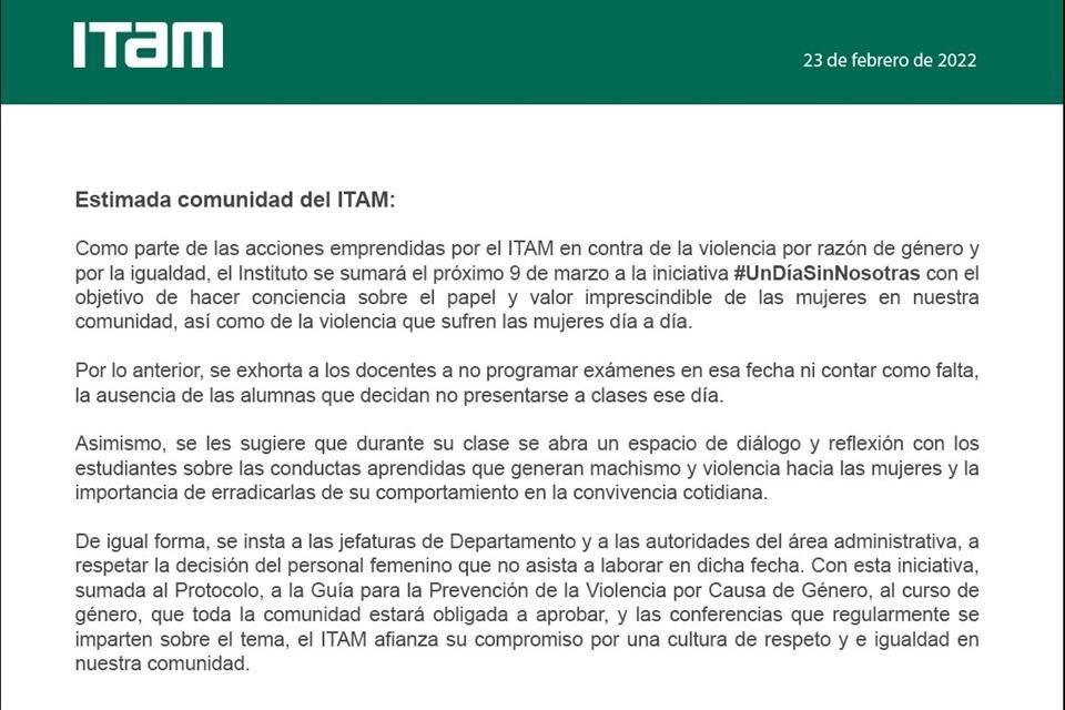 El ITAM informó que alumnas y personal laboral podrán faltar el 9 de marzo por motivo de la iniciativa #UnDíaSinNosotras.