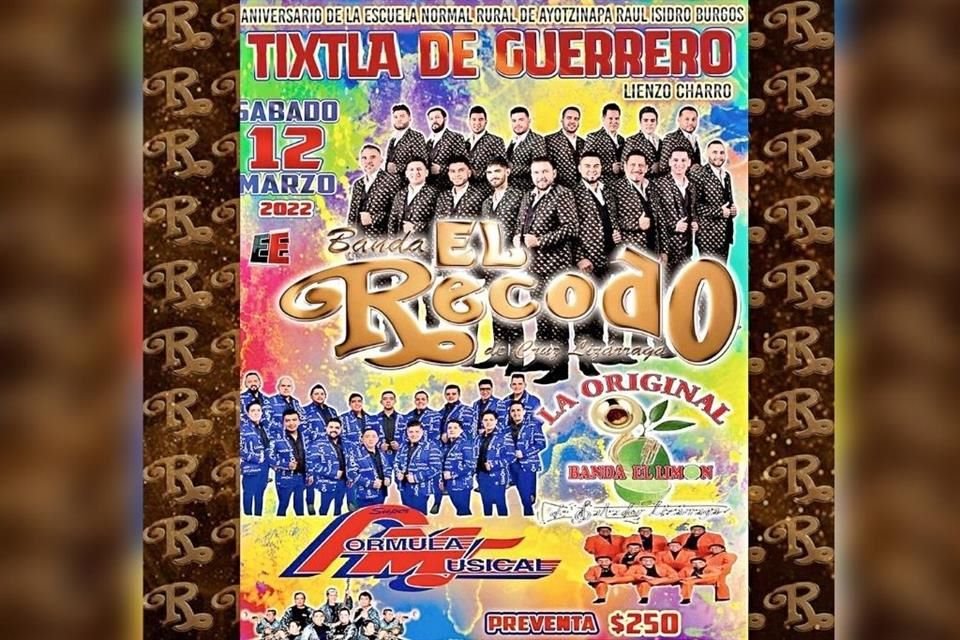 Banda El Recodo y la Original Banda el Limón encabezan el baile que tendrá lugar el 12 de marzo en el lienzo charro de Tixtla, Guerrero.