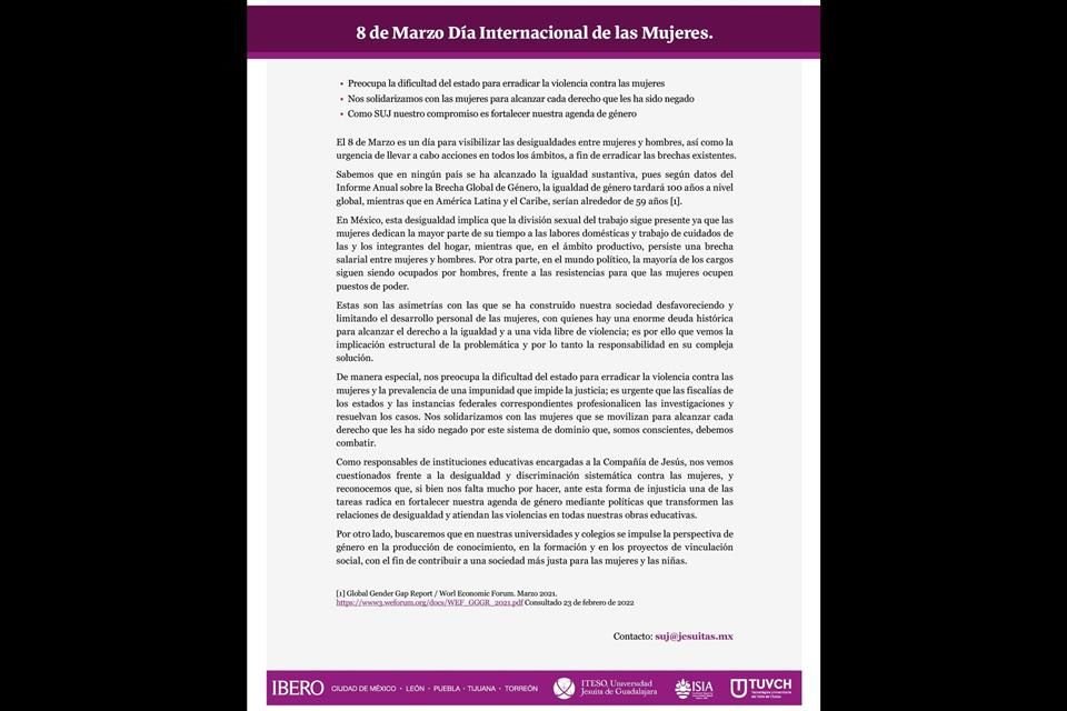 En el marco del Día Internacional de la Mujer, el Sistema Universitario Jesuita (SUJ) urge a eliminar las brechas de género existentes.